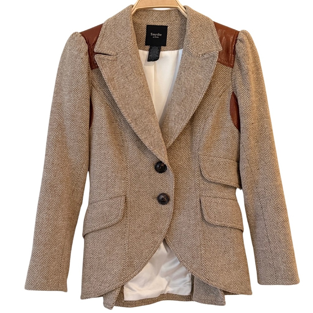 Smythe Rifle Patch Wool Equestrian Blazer in Tan Herringbone with Leather